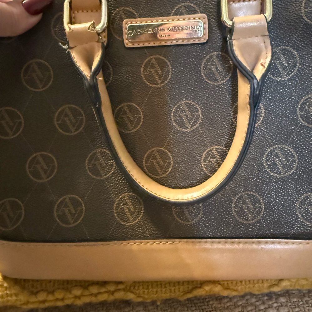 Adrienne Vittadini  Monogrammed Gray and Tan Satchel leather small